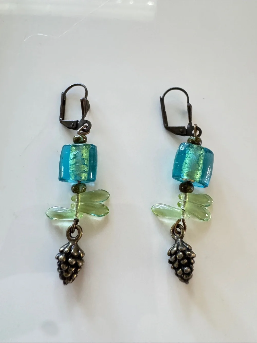 Blue and Light Green Glass Dragonfly Drop‎ Earrings